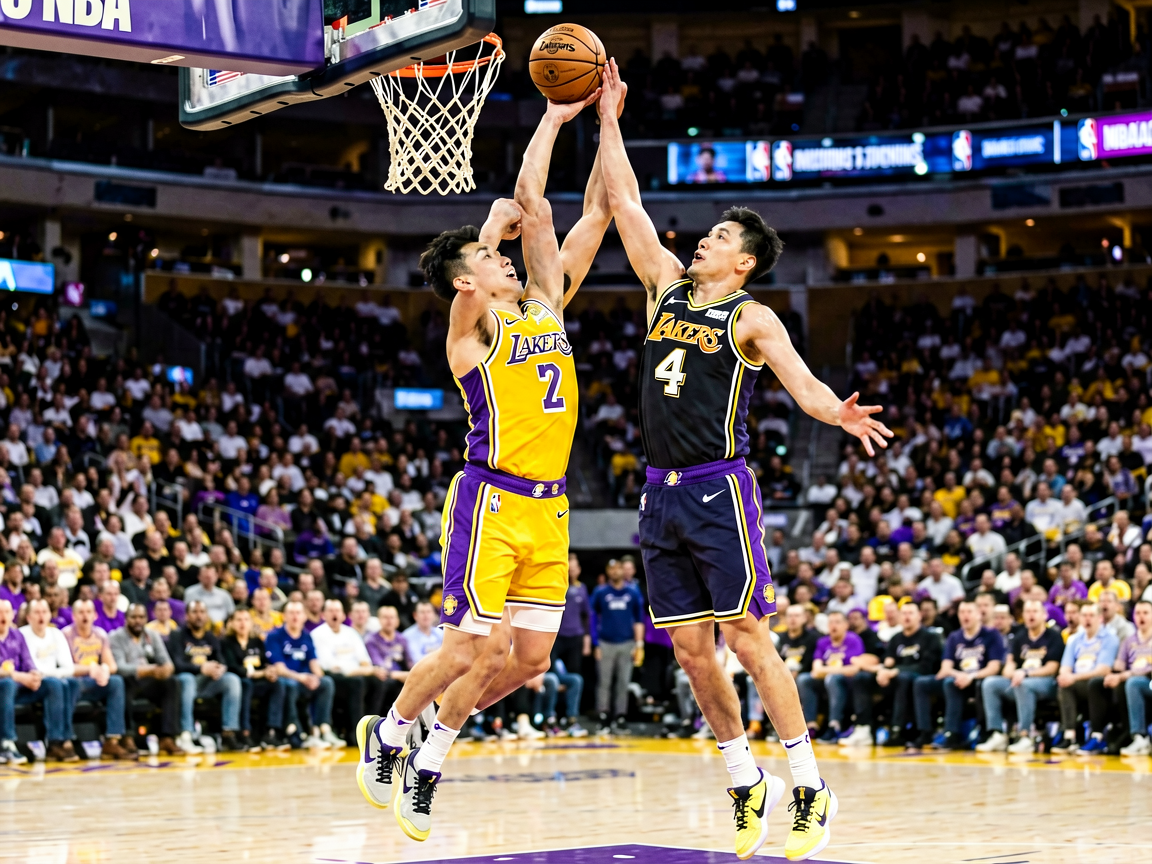 NBA篮球比赛激烈对抗瞬间,球员跳投得分